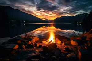 ai generado lago lado hoguera con madera ardiente en un escénico ajuste durante el puesta de sol. en dorado ligero ai generar foto