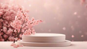 AI generated Podium for product presentation with cherry blossom flowers. 3d render photo