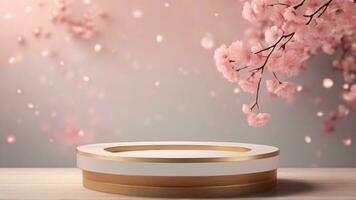 AI generated 3d render of podium with cherry blossom for product display. photo