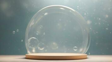 AI generated transparent glass snow bubble globe on a green background, 3d render photo