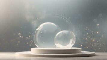 AI generated 3d render of a crystal bubble ball on a white podium with bokeh background photo