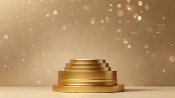 AI generated golden podium with bokeh lights background. 3d render photo