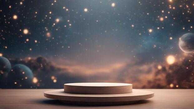 ai generado de madera podio en el universo galaxia antecedentes de el noche cielo. 3d hacer foto