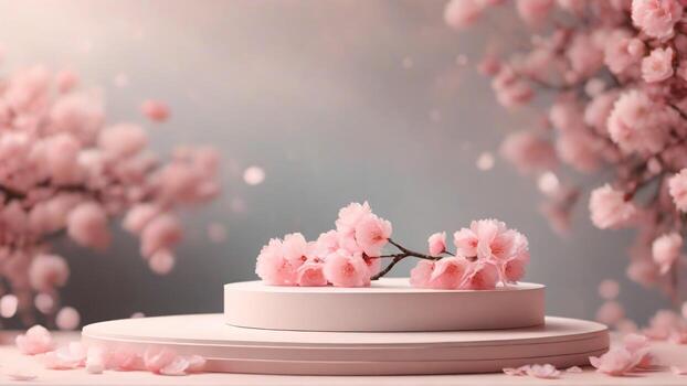 ai generado Cereza flores y podio para producto presentación. 3d representación foto