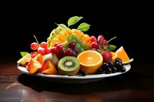AI generated Fruits on plate, fruits decoration ready to eat, Fresh Fruit Variety on Tray Healthy Eating Diet Food Ai generated photo