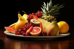 ai generado frutas en lámina, frutas decoración Listo a comer, Fresco Fruta variedad en bandeja sano comiendo dieta comida ai generado foto