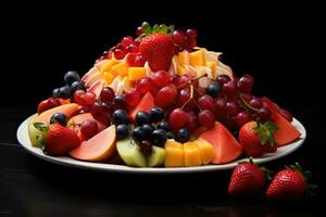 ai generado frutas en lámina, frutas decoración Listo a comer, Fresco Fruta variedad en bandeja sano comiendo dieta comida ai generado foto