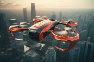 AI generated Futuristic drone flying over the city, drone quadcopter with digital camera Ai generated photo