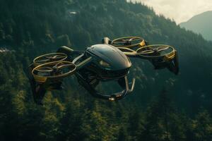 AI generated Futuristic drone flying over the mountain, drone quadcopter with digital camera Ai generated photo