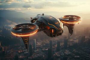 AI generated Futuristic drone flying over the city, drone quadcopter with digital camera Ai generated photo