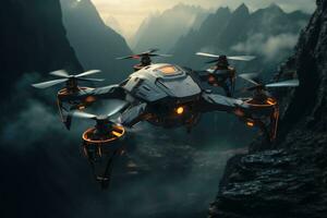 AI generated Futuristic drone flying over the mountain, drone quadcopter with digital camera Ai generated photo