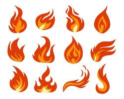 Fire flames set isolated on white background. Vector illustration.