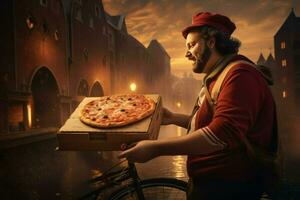 AI generated Pizza delivery man ready to pizza boxes to customer. Food delivery service, pizza for young man at home Ai generated photo