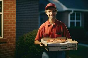 ai generado Pizza entrega hombre Listo a Pizza cajas a cliente. comida entrega servicio, Pizza para joven hombre a hogar ai generado foto