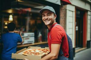 AI generated Pizza delivery man ready to pizza boxes to customer. Food delivery service, pizza for young man at home Ai generated photo