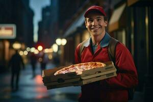 ai generado Pizza entrega hombre Listo a Pizza cajas a cliente. comida entrega servicio, Pizza para joven hombre a hogar ai generado foto