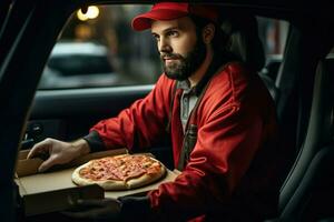 ai generado Pizza entrega hombre Listo a Pizza cajas a cliente. comida entrega servicio, Pizza para joven hombre a hogar ai generado foto