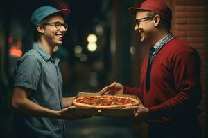 ai generado joven hombre dando Pizza cajas a hombre al aire libre. comida entrega servicio, Pizza para joven hombre a hogar ai generado foto