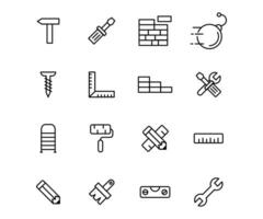 Vector line icon set construction tools. Outline symbol tool engineering design equipment. Building industry sign and builder element toolbox. Industrial collection maintenance