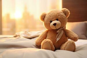 AI generated Teddy bear on bed, teddy bear on bed with pillows and lighting background Ai generated photo