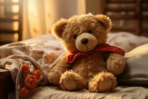 AI generated Teddy bear on bed, teddy bear on bed with pillows and lighting background Ai generated photo