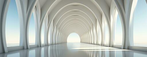 AI generated Modern Minimalist White Corridor with Curved Architecture and Light photo