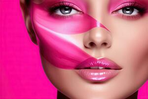 ai generado sorprendentes rosado ojo maquillaje en perfecto belleza retrato. foto