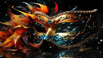 AI generated Elegant Venetian Mask Amidst Blue Feathers and Golden Beads photo