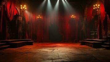AI generated Dramatic Theater Stage with Red Curtains Under Spotlight photo