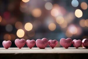 ai generado corazones y Brillantina bokeh para romántico San Valentín día foto