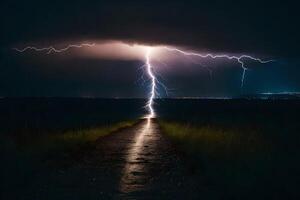 ai generado un relámpago tornillo es visto terminado un la carretera en el oscuro foto