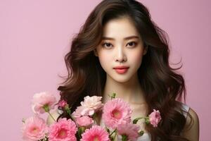 AI generated Korean Beauty Model with Flawless Skin and Spring Blossoms. photo