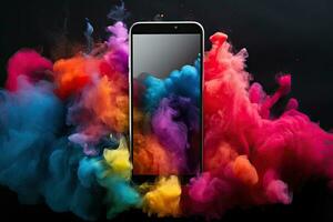 AI generated Abstract Colorful Smoke Swirling Smartphone Mockup photo