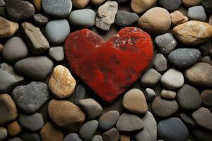 AI generated Red Heart Contrast Against Black Pebbles, Valentine's Theme. photo