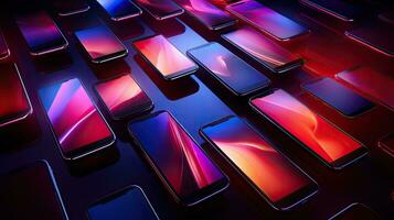 AI generated Array of Illuminated Smartphones with Colorful Display Patterns photo