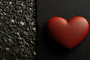 AI generated Red Heart Contrast Against Black Pebbles, Valentine's Theme. photo