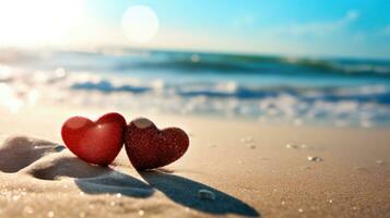 ai generado dos corazones en playa arena a romántico puesta de sol foto