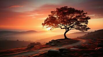 ai generado solitario árbol en contra ardiente puesta de sol en sereno colina paisaje foto