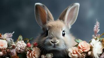AI generated Adorable Bunny Amongst Spring Flowers in Vibrant Portrait. photo