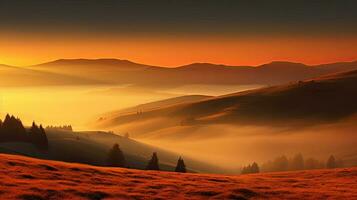 AI generated Sunrise Over Misty Mountains with Golden Sunrays and Trees photo