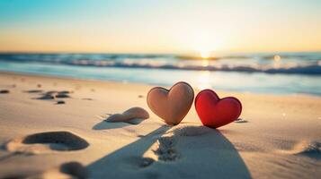 ai generado dos corazones en playa arena a romántico puesta de sol foto