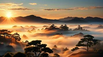 AI generated Sunrise Over Misty Mountains with Golden Sunrays and Trees photo