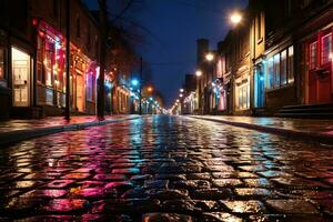 ai generado un hermosa noche escena de un guijarro calle con vistoso luces reflejando apagado el mojado superficie. el calle es forrado con ladrillo edificios y calle lamparas foto