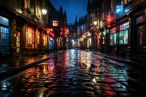 ai generado un hermosa noche escena de un guijarro calle en un europeo ciudad. el calle es forrado con antiguo edificios y tiendas, todas iluminado arriba con vistoso luces. foto