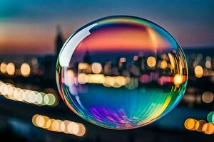 AI generated a colorful bubble floating in front of a city skyline photo