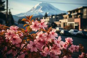 AI generated a beautiful landscape of a snow-capped mountain in the background with pink flowers in the foreground. The image is taken from a street with houses and cars visible. photo