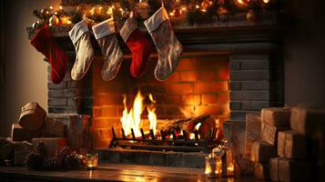 AI generated Christmas fireplace with warm fire decorated for the holiday with socks and gifts New Year's background with stockings photo