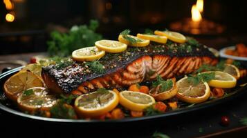 AI generated Delicious fried baked salmon fish with lemons photo