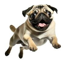 AI generated Cute pug puppy jumping. Playful dog cut out at background. photo