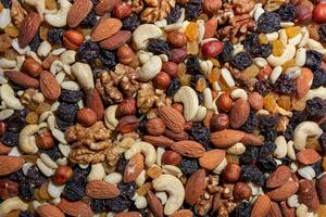 Mixed Nuts. Almonds, Walnuts, Cashews, Peanuts, Hazelnuts, Dried Prunes and Raisins. Different Nut Mix. Background from Various Nuts and Dried Fruits photo